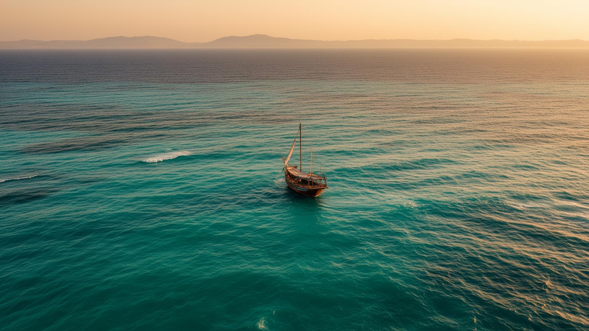 Aerial view of a traditional dhow sailing across the Indian Ocean